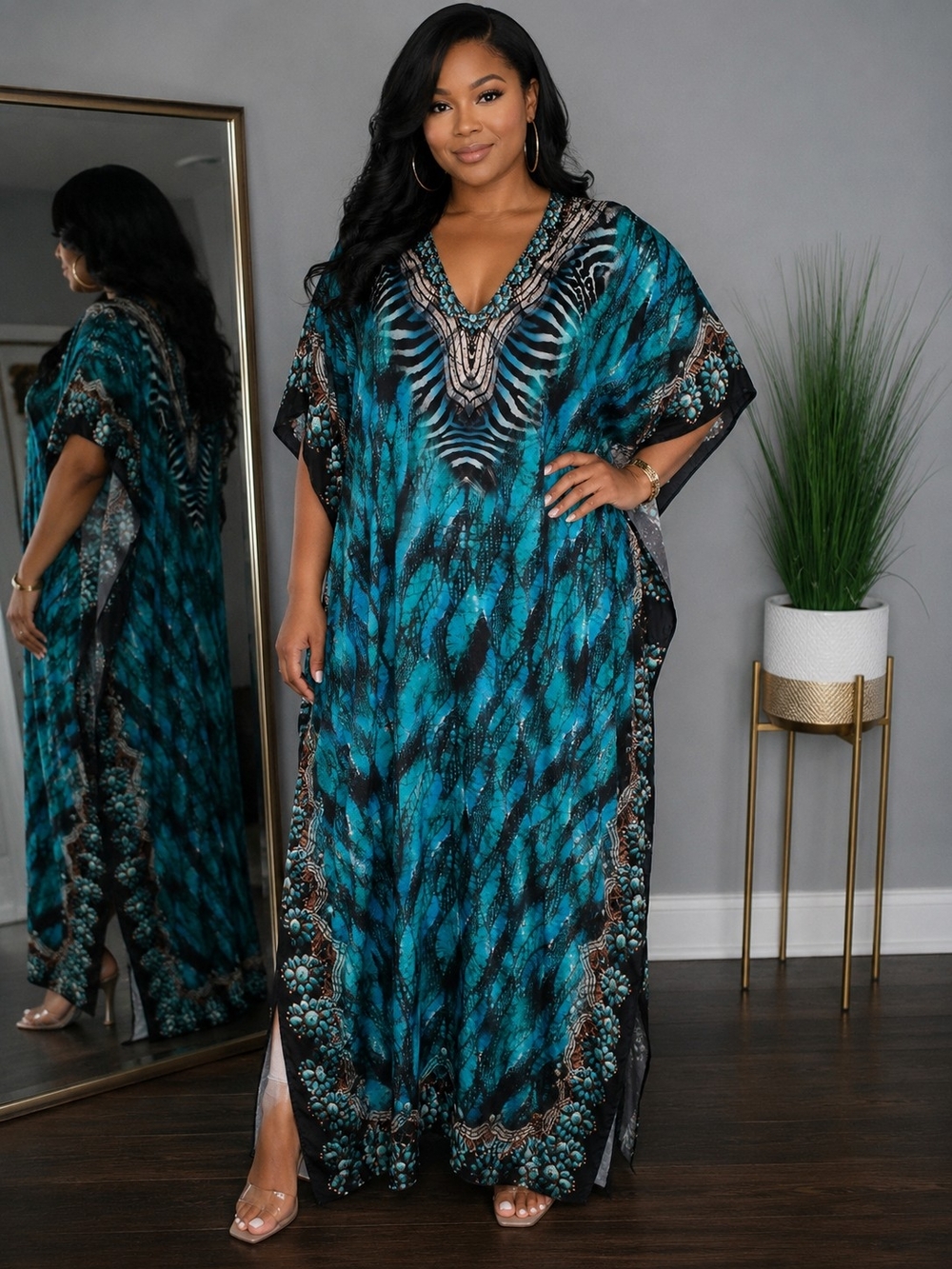 Turquoise Patterned V-Neck Kaftan Maxi Dress